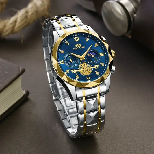 Luxury Watches for Men Luminous Chronograph Gold Blue Green Quartz Casual Diamond Shaped Bezel Stainless Steel